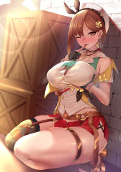 Rule 34 | 1girl, atelier (series), atelier ryza, atelier ryza 2, bare shoulders, beret, black ribbon, blush, breasts, brown eyes, brown hair, cleavage, collarbone, dearonnus, hat, heart, heart-shaped pupils, highres, jacket, large breasts, looking at viewer, navel, red shorts, reisalin stout, ribbon, seiza, short hair, short shorts, shorts, sitting, sleeveless, sleeveless jacket, smile, symbol-shaped pupils, thick thighs, thighs, yellow eyes, yellow jacket