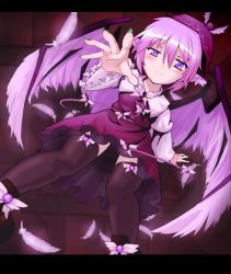 Rule 34 | 1girl, animal ears, ayagi daifuku, black thighhighs, blush, feathers, female focus, foreshortening, green nails, hat, letterboxed, mystia lorelei, nail polish, outstretched arm, outstretched hand, pink eyes, pink hair, pink theme, short hair, smile, solo, thighhighs, touhou, wide sleeves, zettai ryouiki