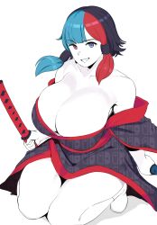 Rule 34 | 1girl, absurdres, blue eyes, breasts, cleavage, coco (setawar), heterochromia, highres, holding, holding sword, holding weapon, japanese clothes, kimono, large breasts, mismatched pupils, multicolored hair, original, red eyes, red sash, sash, sheath, solo, sword, two-tone hair, weapon