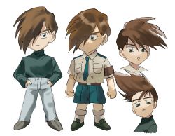 Rule 34 | 1boy, absurdres, armband, blue shorts, brown hair, denim, expressionless, full body, green eyes, green necktie, green sweater, gundam, gundam wing, hair over one eye, hands on own hips, highres, jeans, long sleeves, looking at viewer, male focus, necktie, pants, short hair, short sleeves, shorts, solo, sweater, tommmmieee, trowa barton, uniform, upper body