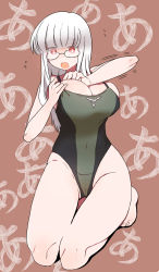 Rule 34 | 1girl, :o, black-framed eyewear, breasts, cameltoe, cleavage, covered navel, flying sweatdrops, grey hair, heidimarie w. schnaufer, highleg, highleg swimsuit, highres, ika (hinatu1992), kneeling, large breasts, long hair, red eyes, solo, strike witches, swimsuit, tan background, thighs, trembling, wavy mouth, world witches series
