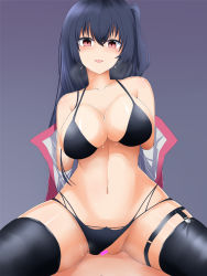 Rule 34 | 1girl, agito teruya, azur lane, bikini, bikini bottom aside, black bikini, black footwear, black hair, blush, boots, breasts, censored, clothing aside, commentary request, cowgirl position, highres, jacket, large breasts, long hair, looking at viewer, open mouth, pussy, red jacket, sex, solo focus, straddling, swimsuit, taihou (azur lane), taihou (enraptured companion) (azur lane), thigh boots, thighhighs, vaginal