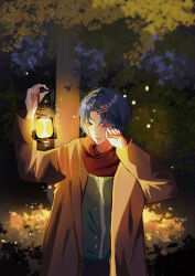 Rule 34 | 1boy, absurdres, alcryst (fire emblem), alternate costume, blue hair, buttons, coat, fire emblem, fire emblem engage, hair ornament, hairclip, highres, holding, lamp, long sleeves, nintendo, oil lamp, one eye closed, open clothes, open coat, red eyes, scarf, short hair, solo, tree, user pvt3409