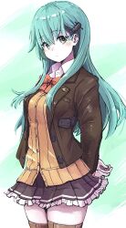 Rule 34 | 1girl, aqua eyes, aqua hair, blazer, blush, bow, bowtie, breasts, brown jacket, brown skirt, brown thighhighs, cardigan, frilled skirt, frills, gradient background, green background, green eyes, hair ornament, hairclip, jacket, kantai collection, long hair, looking at viewer, open cardigan, open clothes, orange bow, orange bowtie, pleated skirt, red bow, red bowtie, school uniform, shirt, skirt, smile, solo, suzuya (kancolle), suzuya kai ni (kancolle), thighhighs, unagiman, white shirt