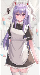 Rule 34 | 1girl, absurdres, alternate costume, animal ears, aohane, apron, bad anatomy, bad hands, black dress, blush, closed mouth, cowboy shot, dress, enmaided, frilled dress, frills, hair between eyes, highres, light purple hair, long hair, maid, maid headdress, pill, rabbit ears, red eyes, reisen udongein inaba, short sleeves, solo, thighhighs, touhou, white apron, white thighhighs