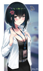 Rule 34 | 1girl, anger vein, artist name, black hair, black shirt, blurry, blurry background, blush, breasts, cleavage, collarbone, commentary request, highres, id card, indonesia, jacket, lanyard, linzere, long sleeves, looking at viewer, open clothes, open jacket, original, police, police uniform, policewoman, shirt, short hair, silvia dewi, solo, squiggle, twitter username, uniform, upper body, watermark, white jacket