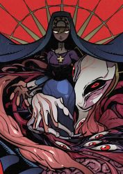 Rule 34 | 1girl, bad id, bad pixiv id, black sclera, breasts, claws, colored sclera, double (skullgirls), dual persona, empty eyes, intestines, maruco, medium breasts, monster, monster girl, nun, red eyes, skullgirls, smile, tentacles, traditional nun, veins