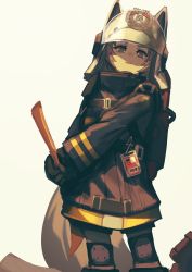 Rule 34 | 1girl, absurdres, animal ears, animal ears helmet, arknights, axe, black gloves, black jacket, black shorts, brown background, brown eyes, brown hair, commentary request, fake animal ears, fire axe, fire helmet, firefighter jacket, firefighter, fixro2n, gloves, highres, holding, holding axe, jacket, knee pads, long sleeves, looking at viewer, parted lips, shaded face, shaw (arknights), shorts, simple background, smile, solo, squirrel girl, squirrel tail, standing, tail, white headwear