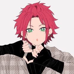 Rule 34 | 1boy, :o, bangs pinned back, commentary request, ear piercing, ensemble stars!, fingernails, green eyes, heart, heart hands, highres, isara mao, jewelry, llli illli illl, long sleeves, looking at viewer, male focus, open mouth, piercing, red hair, ring, simple background, sleeves past wrists, solo, upper body, white background