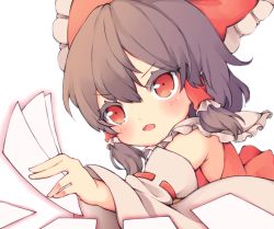 Rule 34 | 1girl, bare shoulders, black hair, blush, bow, cycloneyukari, detached sleeves, hair between eyes, hair bow, hair tubes, hakurei reimu, japanese clothes, nontraditional miko, ofuda, open mouth, red bow, red eyes, ribbon-trimmed sleeves, ribbon trim, short hair, sidelocks, simple background, solo, touhou, upper body, white background, white sleeves, wide sleeves