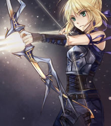 Rule 34 | 1girl, adapted costume, alternate costume, alternate universe, archery, arrow (projectile), artoria pendragon (all), artoria pendragon (fate), belt, blonde hair, bow (weapon), drawing bow, fate/stay night, fate (series), girdle, green eyes, holding, holding bow (weapon), holding weapon, non-web source, ribbon, rynn (seibu), saber (fate), solo, weapon