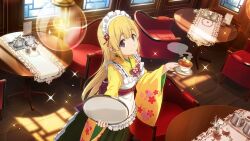Rule 34 | 1girl, 22/7, 22/7 ongaku no jikan, apron, black tea, blonde hair, closed mouth, couch, cup, dutch angle, frilled apron, frills, from above, fujima sakura, game cg, highres, holding, holding saucer, holding tray, indoors, japanese clothes, kimono, light particles, long hair, looking at viewer, maid, maid apron, maid headdress, menu board, non-web source, official art, purple eyes, saucer, sidelocks, solo, sparkle, table, tablecloth, tea, teacup, tray, wa maid, white apron, wooden floor, yellow kimono