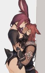 Rule 34 | 1boy, 1girl, animal ears, armlet, ass, blue eyes, blush, breasts, brown eyes, cat ears, cat tail, choker, cowboy shot, dark-skinned male, dark skin, facial mark, final fantasy, final fantasy xiv, fingerless gloves, gloves, height difference, highres, jewelry, long hair, looking at another, maeka (kumaekake), medium breasts, miqo&#039;te, purple hair, rabbit ears, red hair, ring, smile, standing, tail, thighhighs, viera, warrior of light (ff14), white background