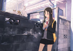 Rule 34 | 1girl, backpack, bag, black jacket, black skirt, blush, brick wall, brown hair, cat, cellphone, charm (object), closed mouth, collared shirt, commentary request, grey vest, holding, holding phone, jacket, long hair, looking to the side, morifumi, necktie, original, outdoors, phone, pleated skirt, red eyes, red necktie, shirt, skirt, smartphone, solo, standing, vest, white shirt, wing collar