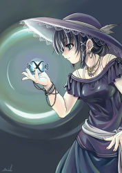 Rule 34 | bare shoulders, black eyes, black hair, chain, dress, earrings, feathers, hat, jewelry, magic, mil (xration), necklace