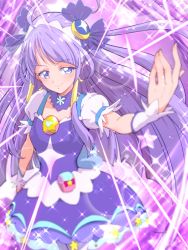 Rule 34 | 1girl, ahoge, blue eyes, blunt bangs, closed mouth, cowboy shot, crescent, crescent earrings, cure selene, detached collar, dress, earrings, emphasis lines, hair ornament, hair tubes, jewelry, kaguya madoka, long hair, looking at viewer, magical girl, precure, puffy sleeves, purple background, purple dress, purple hair, purple theme, sidelocks, smile, solo, sparkle, star (symbol), star twinkle precure, tj-type1, wrist cuffs