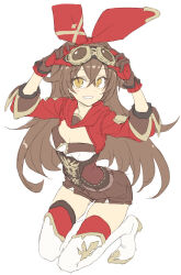 Rule 34 | 1girl, amber (genshin impact), boots, breasts, brown hair, cleavage, genshin impact, goggles, goggles on head, long hair, looking at viewer, medium breasts, red thighhighs, satou kibi, simple background, solo, thigh boots, thighhighs, thighs, white background, white footwear, yellow eyes