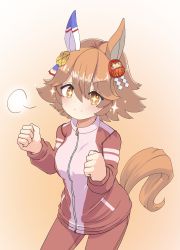 Rule 34 | + +, 1girl, animal ears, brown hair, clenched hands, clover hair ornament, commentary request, daruma doll, ear covers, flipped hair, gradient background, hair between eyes, hair ornament, highres, horse ears, horse tail, jacket, looking at viewer, matikanefukukitaru (umamusume), pants, pomf, red track suit, single ear cover, solo, sparkle, tail, track jacket, track pants, track suit, umamusume, user dzky2245, v-shaped eyebrows