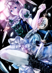 Rule 34 | 1girl, bad id, bad pixiv id, black footwear, blue dress, blue eyes, boots, bow, braid, chain, commentary, cross-laced footwear, dagger, dress, feet out of frame, glint, green bow, hair between eyes, hair bow, hand up, highres, holding, izayoi sakuya, jan (lightdragoon), knife, lace-up boots, light particles, looking at viewer, maid, maid headdress, petals, pocket watch, puffy short sleeves, puffy sleeves, roman numeral, shirt, short hair, short sleeves, silver hair, solo, thighhighs, touhou, twin braids, watch, weapon, white shirt, white thighhighs