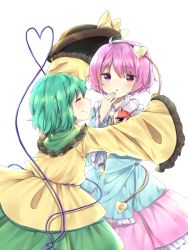 Rule 34 | 2girls, ^ ^, ahoge, bad id, bad pixiv id, blush, cheunes, closed eyes, closed mouth, eyeball, frilled shirt collar, frilled sleeves, frills, green skirt, hairband, hat, unworn hat, unworn headwear, heart, highres, komeiji koishi, komeiji satori, long sleeves, looking at another, multiple girls, outstretched arms, parted lips, petticoat, pink eyes, pink hair, pink skirt, shirt, short hair, siblings, sisters, skirt, spread arms, tears, third eye, touhou, wide sleeves, yellow shirt