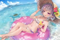 Rule 34 | 1girl, animal, bare arms, bare legs, bare shoulders, barefoot, bendy straw, bikini, blush, braid, brown hat, collarbone, commentary, cup, drinking glass, drinking straw, elf, english commentary, flower, gaaratelier, hair bun, hat, hat flower, highres, holding, holding cup, horizon, innertube, looking at viewer, navel, ocean, open mouth, original, pointy ears, purple eyes, red flower, sidelocks, silver hair, single hair bun, solo, straw hat, sweat, swim ring, swimsuit, tropical drink, turtle, water, wavy mouth, white bikini, yellow flower