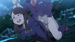 1boy 1girl andrew_hanbridge ass blush boots breasts doggystyle hetero highres jcm2 kagari_atsuko little_witch_academia necktie night night_sky open_mouth saliva sex sex_from_behind sky