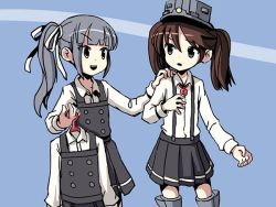 Rule 34 | 10s, 2girls, brown hair, clothes hanger, collared shirt, grey hair, hair ribbon, hand on another&#039;s shoulder, holding, kantai collection, kasumi (kancolle), magatama, multiple girls, open mouth, pleated skirt, remodel (kantai collection), ribbon, ryuujou (kancolle), school uniform, shirt, side ponytail, sidelocks, sixten, skirt, smile, suspenders, twintails, visor cap