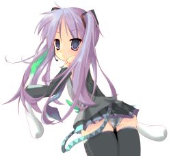 Rule 34 | 1girl, ahoge, ass, bad id, bad pixiv id, bare shoulders, black thighhighs, cosplay, detached sleeves, female focus, frills, hatsune miku, hatsune miku (cosplay), headset, hiiragi kagami, long hair, lucky star, microphone, necktie, ouki, panties, pleated skirt, purple eyes, purple hair, simple background, skirt, solo, spring onion, striped clothes, striped panties, thighhighs, tsurime, twintails, underwear, upskirt, vocaloid