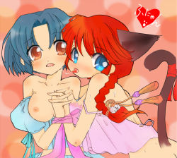 Rule 34 | 2girls, animal ears, blue eyes, blue hair, blush, braid, breasts, breasts out, brown eyes, cat ears, cat tail, gender request, genderswap, holding hands, heart, lingerie, looking at viewer, multiple girls, nipples, open mouth, ranma-chan, ranma 1/2, red hair, saliva, saliva trail, saotome ranma, short hair, single braid, snowling, tail, tendou akane, tongue, tongue out, underwear, yuri