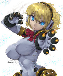 Rule 34 | 1girl, aegis (persona), amania orz, android, blonde hair, blue eyes, breasts, highres, joints, large breasts, persona, persona 3, robot joints, short hair, simple background, solo, white background