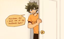 Rule 34 | 1boy, black eyes, boku no hero academia, comic, commentary, commission, door, english commentary, english text, fenkko, freckles, green hair, indoors, looking at viewer, male focus, midoriya izuku, open mouth, opening door, orange shirt, shirt, short hair, short sleeves, solo, speech bubble, standing, t-shirt