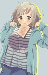 Rule 34 | 1girl, absurdres, aqua hoodie, blue pants, blush, bread, bread slice, brown eyes, commentary request, etra-chan wa mita!, food, food in mouth, grey background, highres, hood, hoodie, light brown hair, long sleeves, mouth hold, nyako (lhq3p), open clothes, open hoodie, pants, revision, shirt, short hair, simple background, solo, striped clothes, striped shirt, toast, tsutsuji (etra-chan wa mita!)