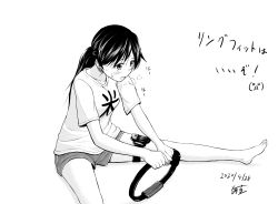 Rule 34 | 1girl, alternate hairstyle, artist name, breath, casual, commentary request, controller, dated, game controller, girls und panzer, greyscale, hairanworkshop, halftone, highres, isuzu hana, leaning forward, long hair, low ponytail, monochrome, open mouth, partial commentary, ring-con, ring fit adventure, shirt, short shorts, short sleeves, shorts, signature, sitting, solo, stretching, sweat, t-shirt, thigh strap, translated