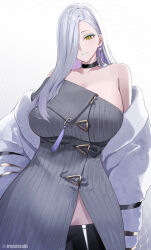 1girl bare_shoulders black_shorts blue_lips breasts choker cleavage collarbone dress earrings eyeliner fate/grand_order fate_(series) grey_dress hair_over_one_eye highres hoop_earrings ironatsuki jacket jewelry large_breasts long_hair long_sleeves looking_at_viewer makeup mrs._snake_(fate) off_shoulder shorts side_slit smile solo sweater sweater_dress tassel white_hair white_jacket yellow_eyes