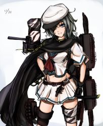 Rule 34 | 10s, 1girl, ammunition belt, armor, bad id, bad pixiv id, camouflage, cape, dated, eyepatch, female focus, gloves, green eyes, green hair, hand on own hip, hat, kantai collection, kiso (kancolle), kiso kai ni (kancolle), looking at viewer, machinery, matching hair/eyes, midriff, neckerchief, north, open mouth, pauldrons, saber (weapon), school uniform, serafuku, short hair, shoulder armor, skirt, smile, solo, sword, turret, weapon