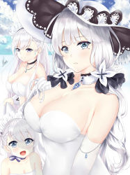 Rule 34 | 3girls, aged down, alternate costume, armlet, azur lane, bad id, bad pixiv id, belfast (azur lane), bikini, blue eyes, blue gemstone, blue sky, blush, braid, breasts, choker, cleavage, closed mouth, cloud, collarbone, day, dress, elbow gloves, frills, gem, gloves, hair ornament, hair ribbon, hat, highres, illustrious (azur lane), jewelry, lace-trimmed hat, lace trim, large breasts, little bel (azur lane), long hair, looking at viewer, low twintails, maid headdress, mole, mole under eye, multiple girls, necklace, one side up, open mouth, outdoors, parted lips, pendant, piukute062, ribbon, signature, sky, smile, strapless, strapless dress, sun hat, swimsuit, tress ribbon, twintails, white bikini, white dress, white gloves, white hair, white hat