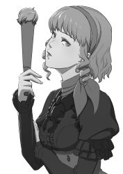 Rule 34 | 1girl, aduti momoyama, breasts, buttons, center frills, constance von nuvelle, drill hair, earrings, fingernails, fire emblem, fire emblem: three houses, folding fan, frills, garreg mach monastery uniform, greyscale, hairband, hand fan, hand up, highres, holding, holding fan, jewelry, lips, long sleeves, medium breasts, monochrome, nintendo, parted lips, scarf, short hair, simple background, solo, uniform, white background
