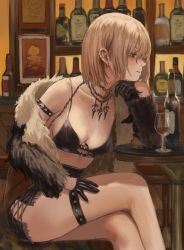 Rule 34 | 1girl, absurdres, alcohol, bar (place), bare shoulders, black gloves, blonde hair, blue eyes, bottle, breasts, cleavage, coat, cup, drinking glass, earrings, fur coat, fur trim, gloves, gold can, hair between eyes, highres, indoors, jewelry, original, short hair, sitting, solo, thighs