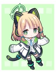 Rule 34 | 1girl, animal ear headphones, animal ears, black footwear, black shorts, black thighhighs, blonde hair, blue archive, blue bow, blue necktie, boots, bow, chibi, collared shirt, commentary request, dress shirt, fake animal ears, full body, green background, green eyes, hair bow, halo, headphones, highres, hood, hood down, hooded jacket, jacket, kadose ara, long sleeves, midori (blue archive), necktie, open clothes, open jacket, shirt, short shorts, shorts, sidelocks, simple background, sleeves past fingers, sleeves past wrists, solo, tail, tail bow, tail ornament, thighhighs, thighhighs under boots, white jacket, white shirt