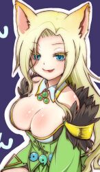 Rule 34 | 1girl, :p, animal ears, blonde hair, blue eyes, blush, body blush, breasts, cat ears, cleavage, closed mouth, collar, colored eyelashes, commentary request, cowboy shot, detached collar, dress, elemental master (ragnarok online), fur-trimmed dress, fur trim, green brooch, green dress, heart, heart-shaped pupils, large breasts, lips, long bangs, long hair, magatama, outline, parted bangs, purple background, ragnarok online, shiny skin, smile, solo, strapless, strapless dress, suzunono, symbol-shaped pupils, tongue, tongue out, white collar, white outline