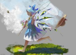 Rule 34 | 1girl, :o, artist name, barefoot, blue bow, blue dress, blue eyes, blue hair, bow, bug, butterfly, butterfly net, cirno, dress, flower, from side, full body, grass, hair bow, hand net, hat, hat loss, unworn hat, unworn headwear, holding, holding butterfly net, ice, ice wings, insect, open mouth, pink flower, puffy short sleeves, puffy sleeves, running, saltlaver, short hair, short sleeves, solo, straw hat, sunflower, tanned cirno, touhou, wings