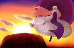Rule 34 | 1girl, australia, boots, cloud, commentary request, dress, floating, frilled dress, frills, gagarin kichi, grass, hand to own mouth, hat, hat ribbon, head tilt, highres, hill, long hair, long sleeves, mob cap, mountain, orange sky, oversized object, puffy long sleeves, puffy sleeves, real world location, ribbon, silhouette, sky, smile, solo, sun, sunset, tabard, touhou, twilight, umbrella, very long hair, white dress, wide sleeves, wind, yakumo yukari