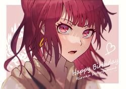 Rule 34 | 1girl, 2022, alternate costume, alternate hairstyle, bleach, blunt bangs, blurry, border, character name, close-up, commentary, dated, depth of field, dokugamine riruka, earrings, eyelashes, floating hair, happy birthday, heart, hoop earrings, jewelry, long hair, looking at viewer, open mouth, pink background, ponytail, red eyes, red hair, simple background, solo, sumire 1046, white border