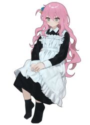 Rule 34 | 1girl, absurdres, apron, black dress, black socks, bocchi the rock!, closed mouth, collared dress, cube hair ornament, dress, frills, gotoh hitori, grey eyes, hair between eyes, hair ornament, haru (ririne9999rine), highres, long hair, long sleeves, looking at viewer, maid, no shoes, own hands together, pink hair, puffy long sleeves, puffy sleeves, sidelocks, simple background, sitting, socks, solo, wavy hair, white apron, white background