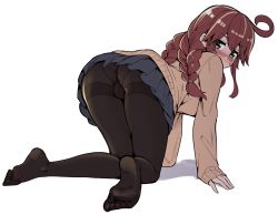 Rule 34 | 10s, 1girl, ahoge, all fours, ass, black pantyhose, blush, braid, brown hair, feet, full body, green eyes, hanauna, kantai collection, long hair, long sleeves, looking at viewer, looking back, no shoes, noshiro (kancolle), panties, panties under pantyhose, pantyhose, pantyshot, pleated skirt, simple background, skirt, sleeves past wrists, soles, solo, sweatdrop, swept bangs, thighband pantyhose, toes, twin braids, underwear, upskirt, white background