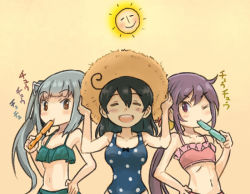 Rule 34 | 3girls, ahoge, akebono (kancolle), bikini, black hair, breasts, brown eyes, casual one-piece swimsuit, comic, eating, closed eyes, flat chest, food, frilled bikini, frills, green bikini, grey hair, hair between eyes, hair tie, hand on own hip, hat, kantai collection, kasumi (kancolle), large breasts, long hair, multiple girls, navel, one-piece swimsuit, one eye closed, open mouth, polka dot, purple eyes, purple hair, saiguchi otoufu, side ponytail, smile, sun, sun hat, swimsuit, translated, tupet, ushio (kancolle), yellow background