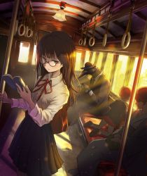 Rule 34 | 2boys, 2girls, bird, black hair, book, cane, child, commentary, crow, formal, glasses, hat, highres, holding, holding book, japanese clothes, kimono, long hair, monster boy, multiple boys, multiple girls, original, reading, school uniform, suit, sunset, train, train interior, ume (illegal bible)