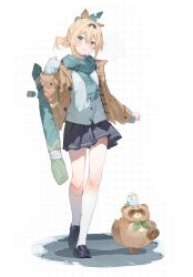 Rule 34 | 1girl, blonde hair, blue eyes, blush, hair between eyes, hair ornament, hana mori, highres, holding, hololive, jacket, kazama iroha, long sleeves, looking at viewer, open clothes, open jacket, ponytail, scarf, simple background, skirt, solo, tanuki, virtual youtuber, weapon, white background