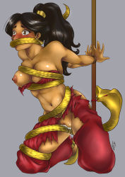 Rule 34 | 1girl, aladdin (disney), arabian clothes, bdsm, black hair, bondage, bound, breasts, brown eyes, coiled, covering own mouth, dark skin, disney, earrings, highres, interspecies, jasmine (disney), jewelry, large breasts, nipples, ponytail, pussy, pussy juice, restrained, snake, tears, tetisuka, torn clothes