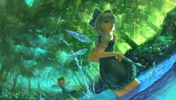Rule 34 | 2girls, absurdres, aqua eyes, ascot, bad id, bad pixiv id, blue dress, blue hair, breasts, cirno, clothes lift, daiyousei, dress, dress lift, closed eyes, fairy wings, fish, flower, forest, green hair, hair bobbles, hair ornament, highres, ice, ice wings, madcocoon, multiple girls, nature, open mouth, puffy short sleeves, puffy sleeves, shirt, short sleeves, silver hair, skirt hold, smile, sparkle, splashing, touhou, water, wings